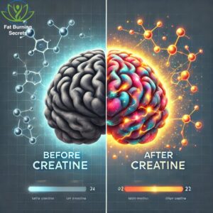 Side-by-side comparison of brain function before and after using creatine for the brain. The left side shows a dull, low-energy brain, while the right side illustrates a vibrant, active brain with enhanced cognitive function, symbolizing the benefits of creatine supplementation.