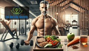 Middle-aged man lifting weights in a gym alongside a healthy meal with lean proteins and vegetables, illustrating the metabolism definition for men over 50 through exercise and nutrition.