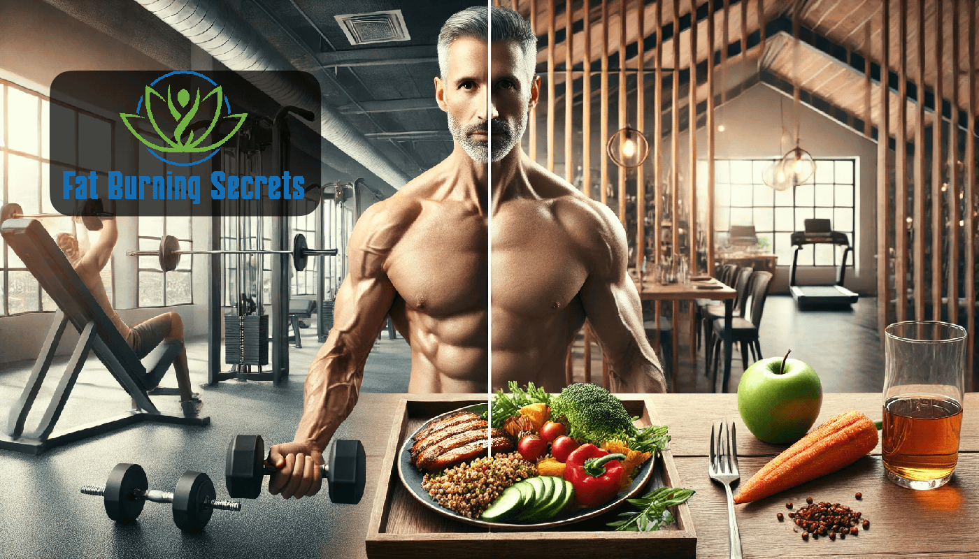 Middle-aged man lifting weights in a gym alongside a healthy meal with lean proteins and vegetables, illustrating the metabolism definition for men over 50 through exercise and nutrition.