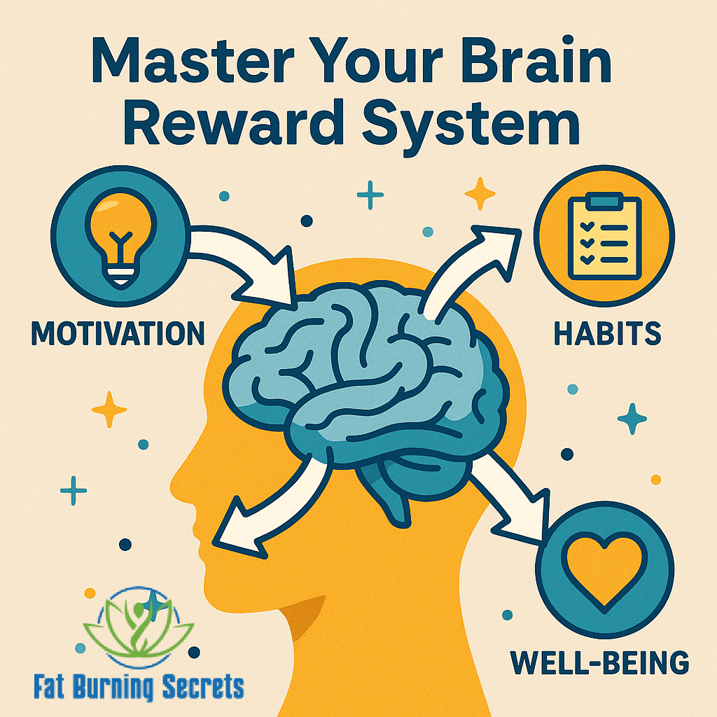Illustration of a human brain within a head silhouette, surrounded by labeled arrows pointing to motivation, habits, and well-being, visually representing the brain reward system and its influence on personal growth.