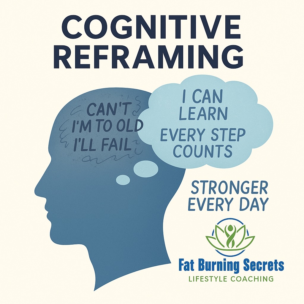 Illustration showing a head silhouette with thought bubbles demonstrating cognitive reframing—negative thoughts like ‘I’m too old’ reframed into positive affirmations like ‘I can learn; every step counts,’ with the title ‘Cognitive Reframing’ and the Fat Burning Secrets Lifestyle Coaching logo.