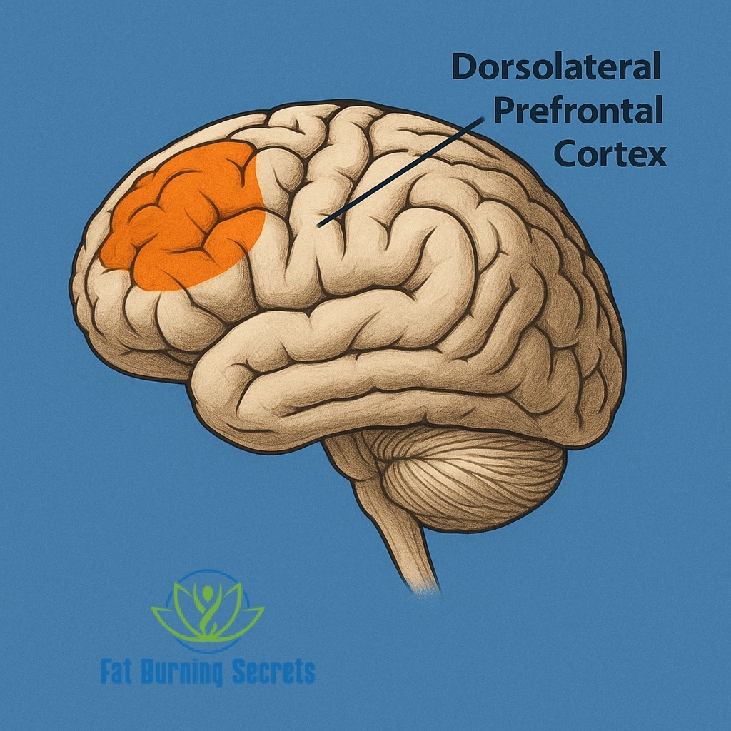 Anatomical illustration of the human brain showing the location of the dorsolateral prefrontal cortex in bright orange, positioned in the upper frontal lobe of the left hemisphere, with a blue background for contrast.