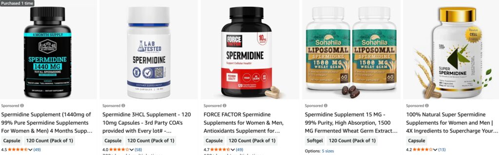 A few spermidine supplements found on Amazon. I purchased the first one.