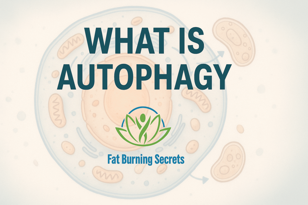 Feature image for the article titled "What is Autophagy?" showing the phrase in bold text at the top, with a faint scientific illustration of a human cell undergoing autophagy in the background and the "Fat Burning Secrets" logo centered at the bottom.